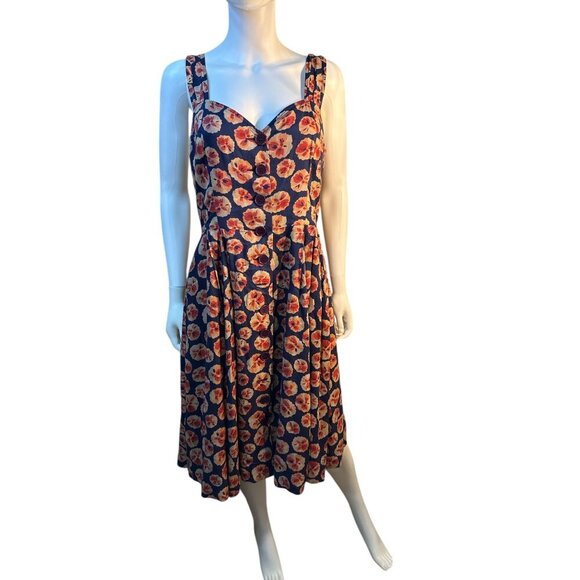 Emily & Fin Navy Floral Midi Dress With Sweetheart Neckline & Buttons Size M EUC - Picture 1 of 6